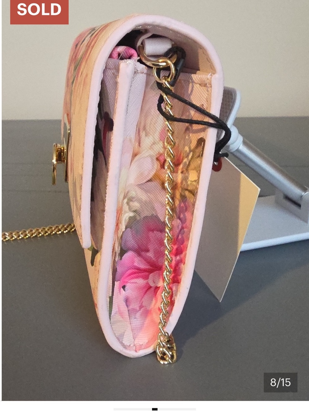 Ted Baker Pink Floral Chain Crossbody Bag with Gold Hardware - Picture 12 of 15